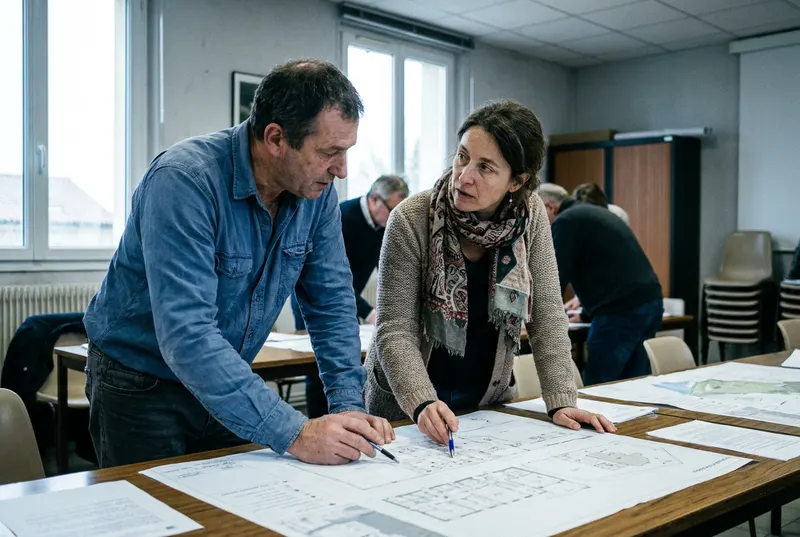 Chef de projet SI et directrice financière relisant ensemble des schémas de processus sur une table de réunion